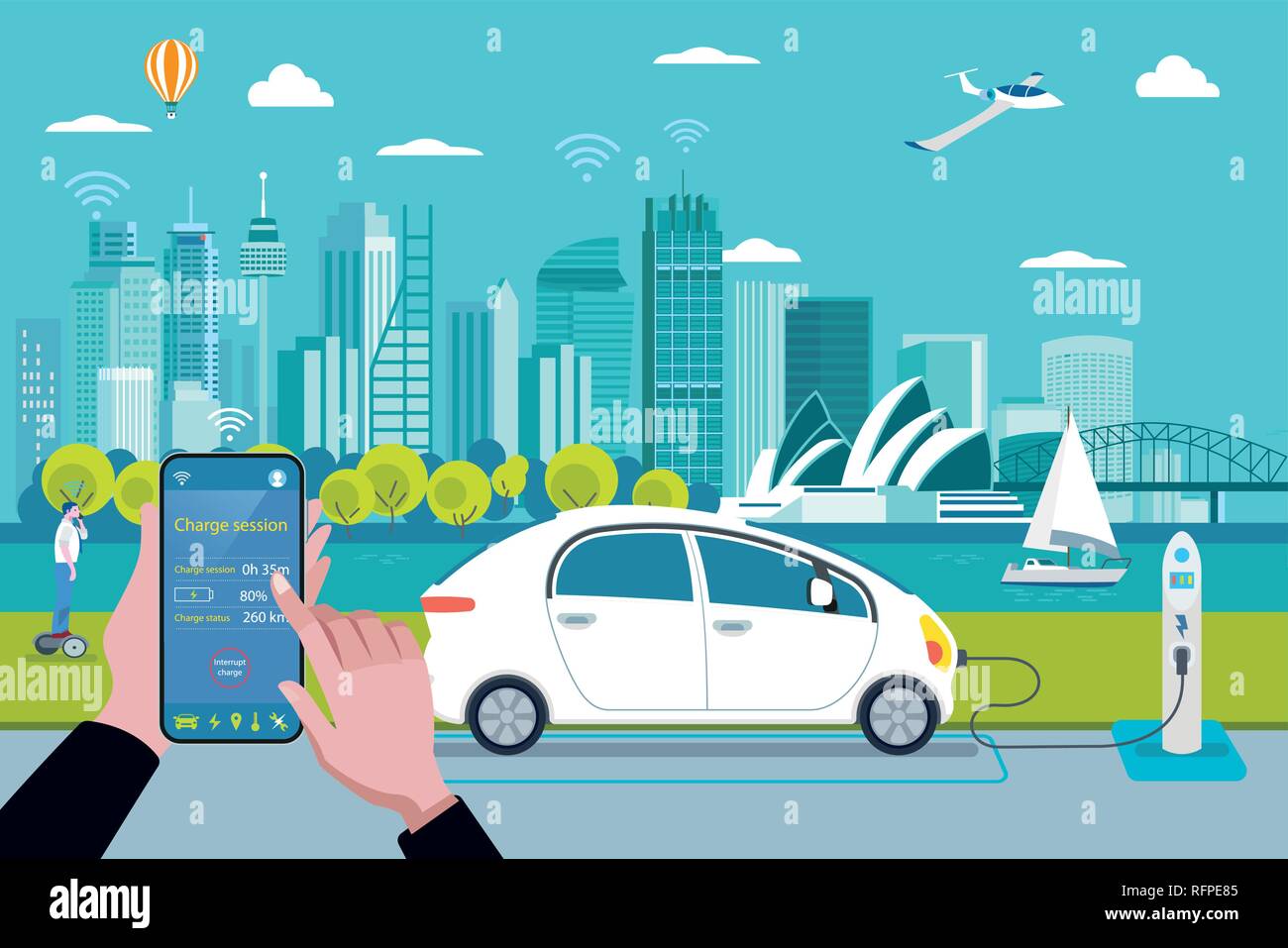 Hands with phone charging an electric car at station.  On the background, a panoramic Sydney skyline. Flat vector illustration. Stock Vector