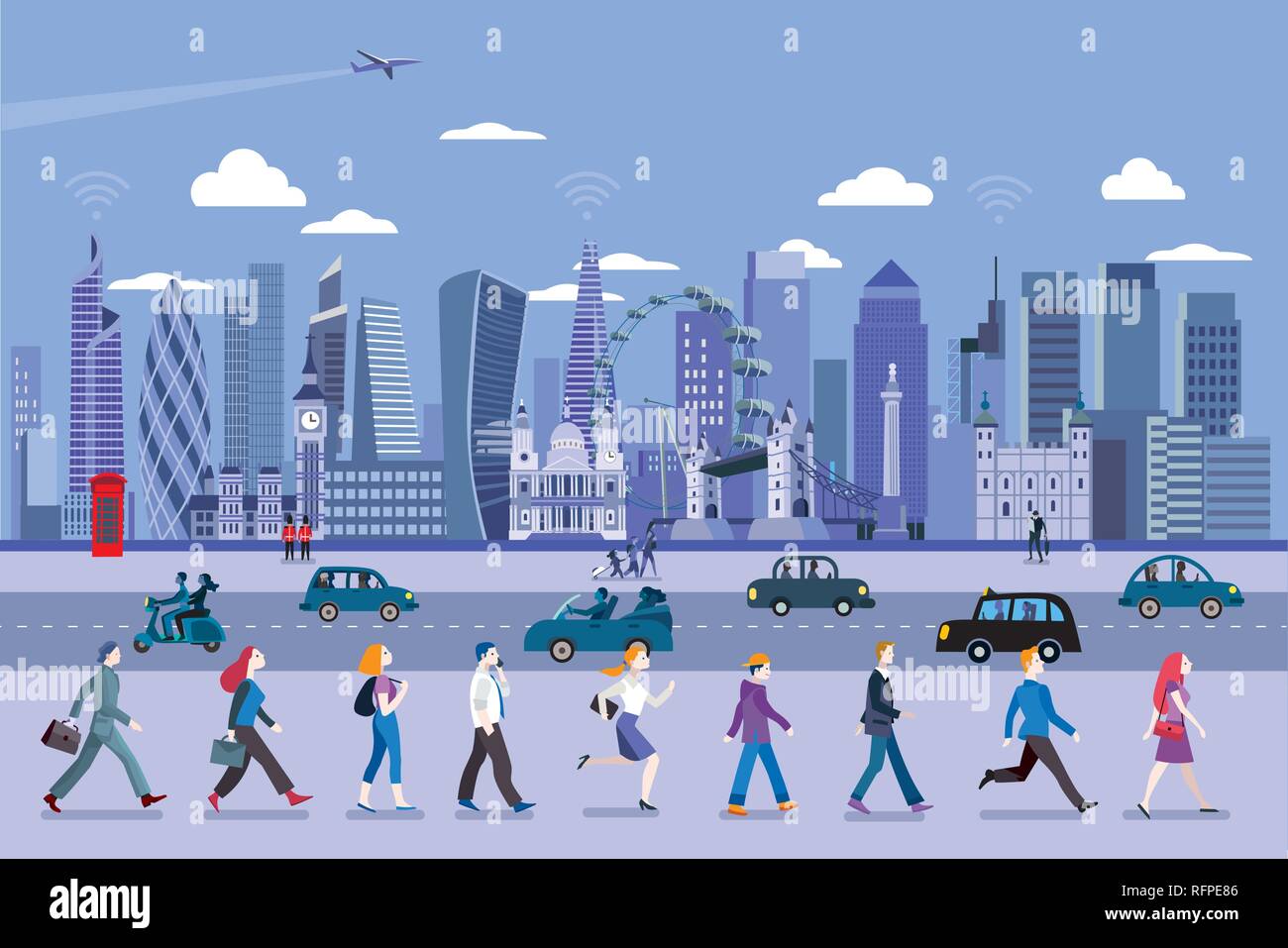 London street with people walking and the City Skyline at the background. Flat vector illustration. Stock Vector