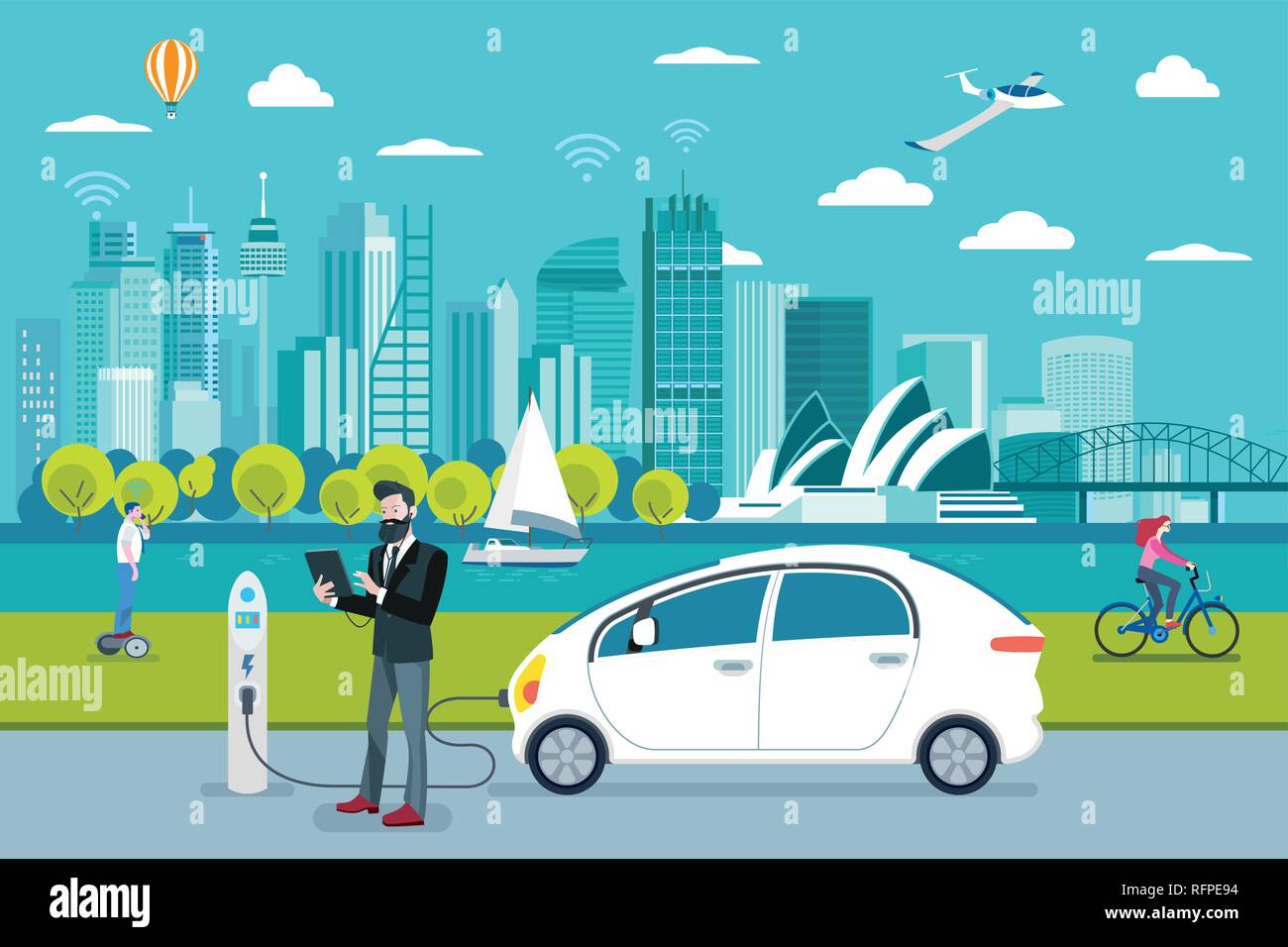 Electric car charging point. A man charging his electric car with a application. On the background, a panoramic Sydney skyline. Flat vector illustrati Stock Vector