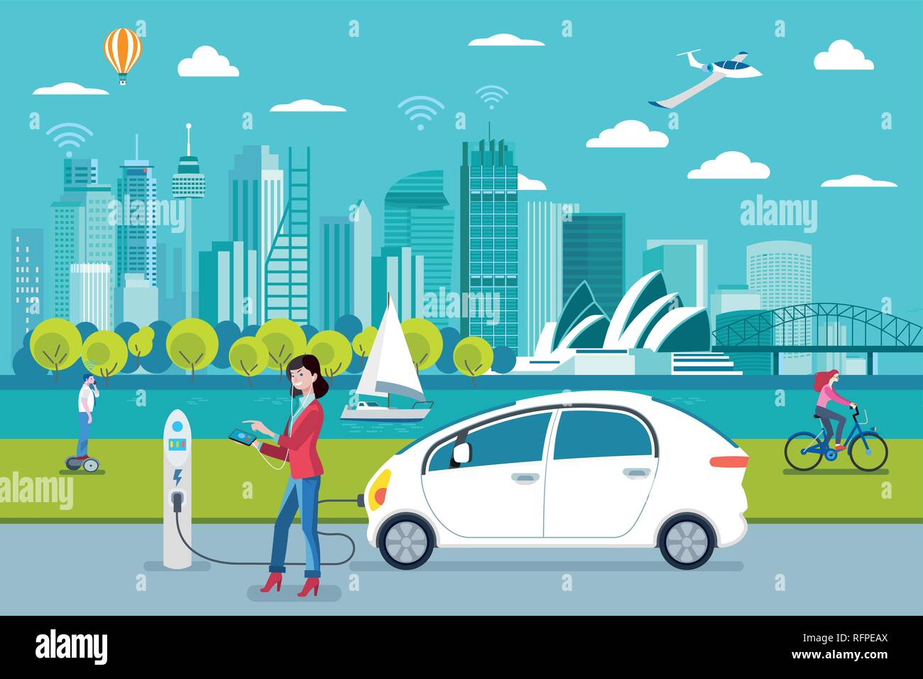 Electric car charging point. A woman charging her electric car with a application. On the background, a panoramic Sydney skyline. Flat vector illustra Stock Vector