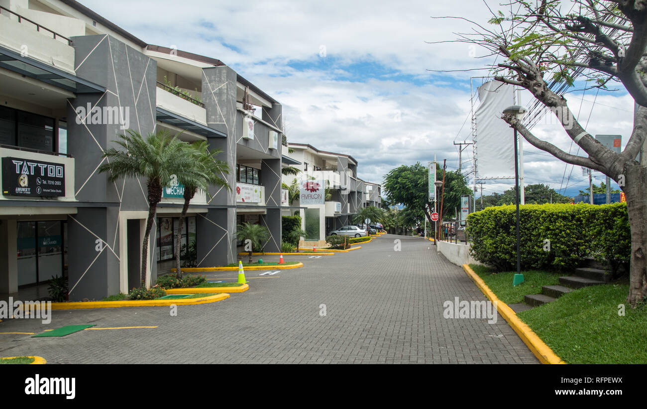 A landscape photo of the Avalon luxury apartment complex in Santa Ana, Costa Rica Stock Photo