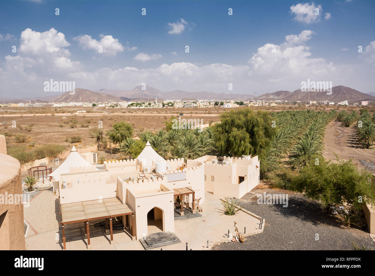Entrance of the fort of jabrin and view on the city of Bahla (Oman) Stock Photo