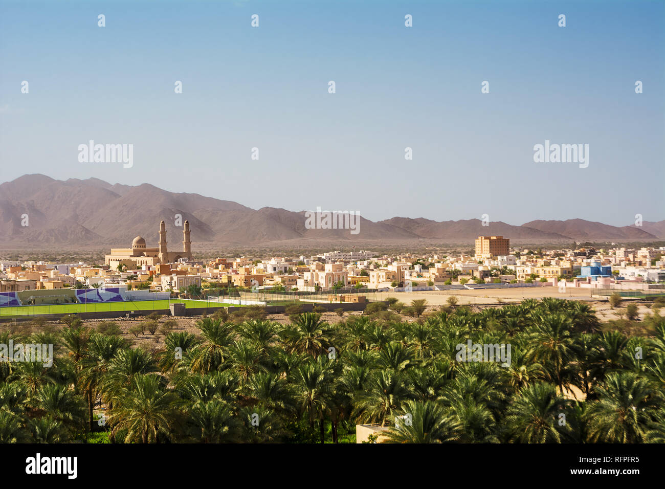 Panorama of the city of Nakhal and its Mosquea (Oman) Stock Photo