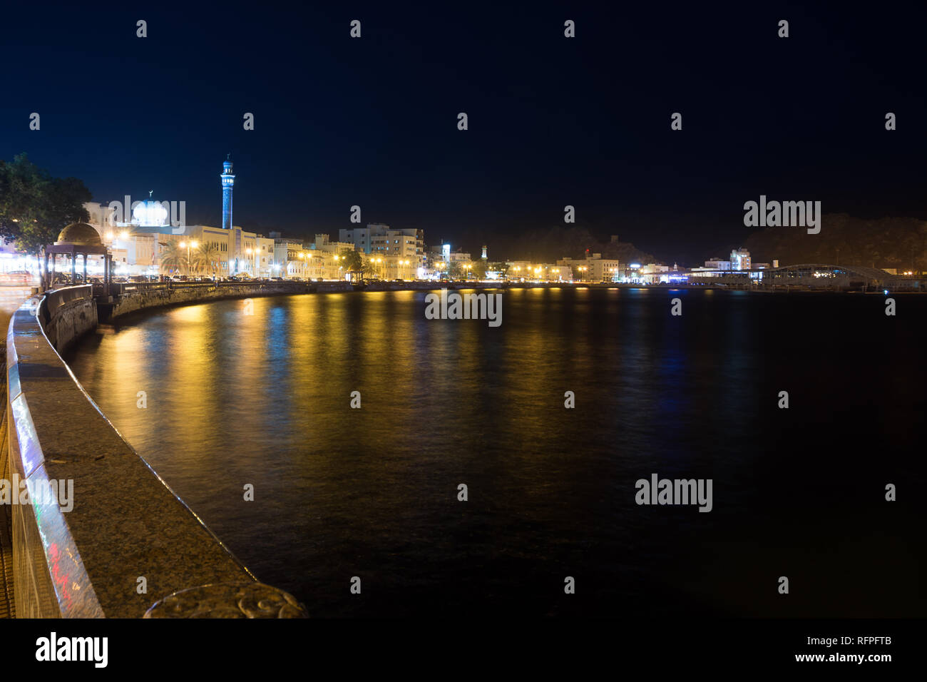 Waterfront at Mutrah of Muscat at night Stock Photo