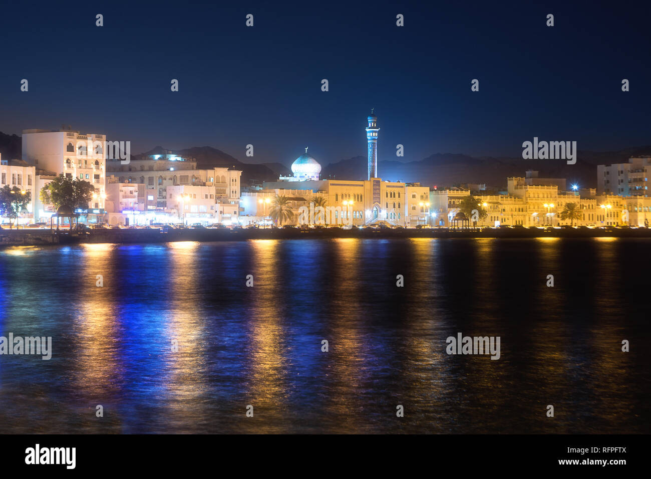 Waterfront at Mutrah of Muscat at night Stock Photo