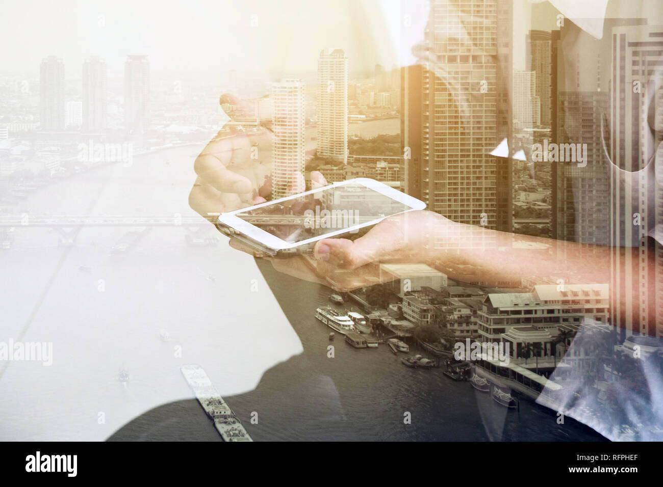 Double exposure of using smart phone Stock Photo