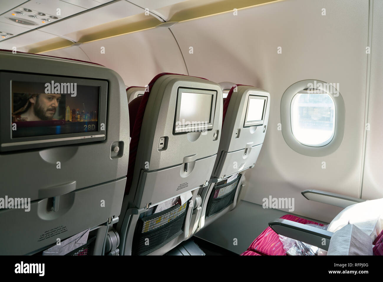 Moscow Russia Circa June 2017 Inside Qatar Airways Airbus A320 Qatar Airways Is The State Owned Flag Carrier Of Qatar Stock Photo Alamy