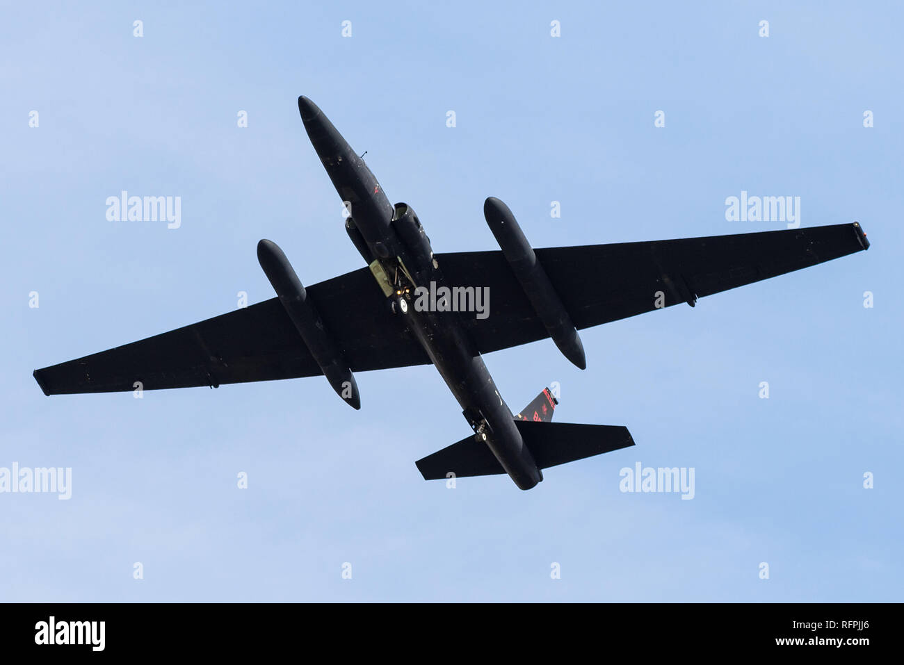 The Lockheed U-2, nicknamed 'Dragon Lady', is an American single-jet engine, ultra-high altitude reconnaissance aircraft operated by the USAF. Stock Photo