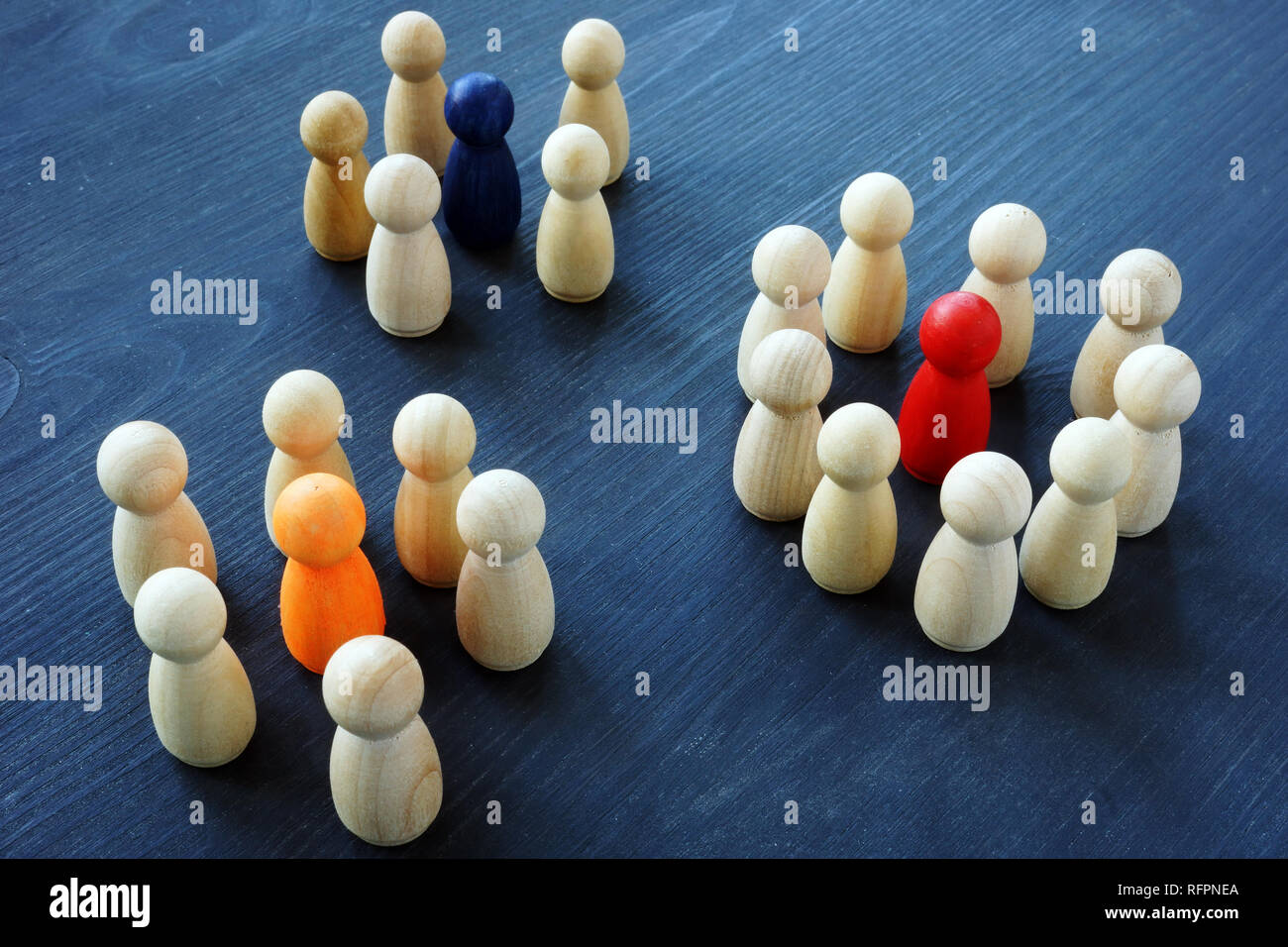 Influencer marketing concept. Groups of wooden figures. Stock Photo