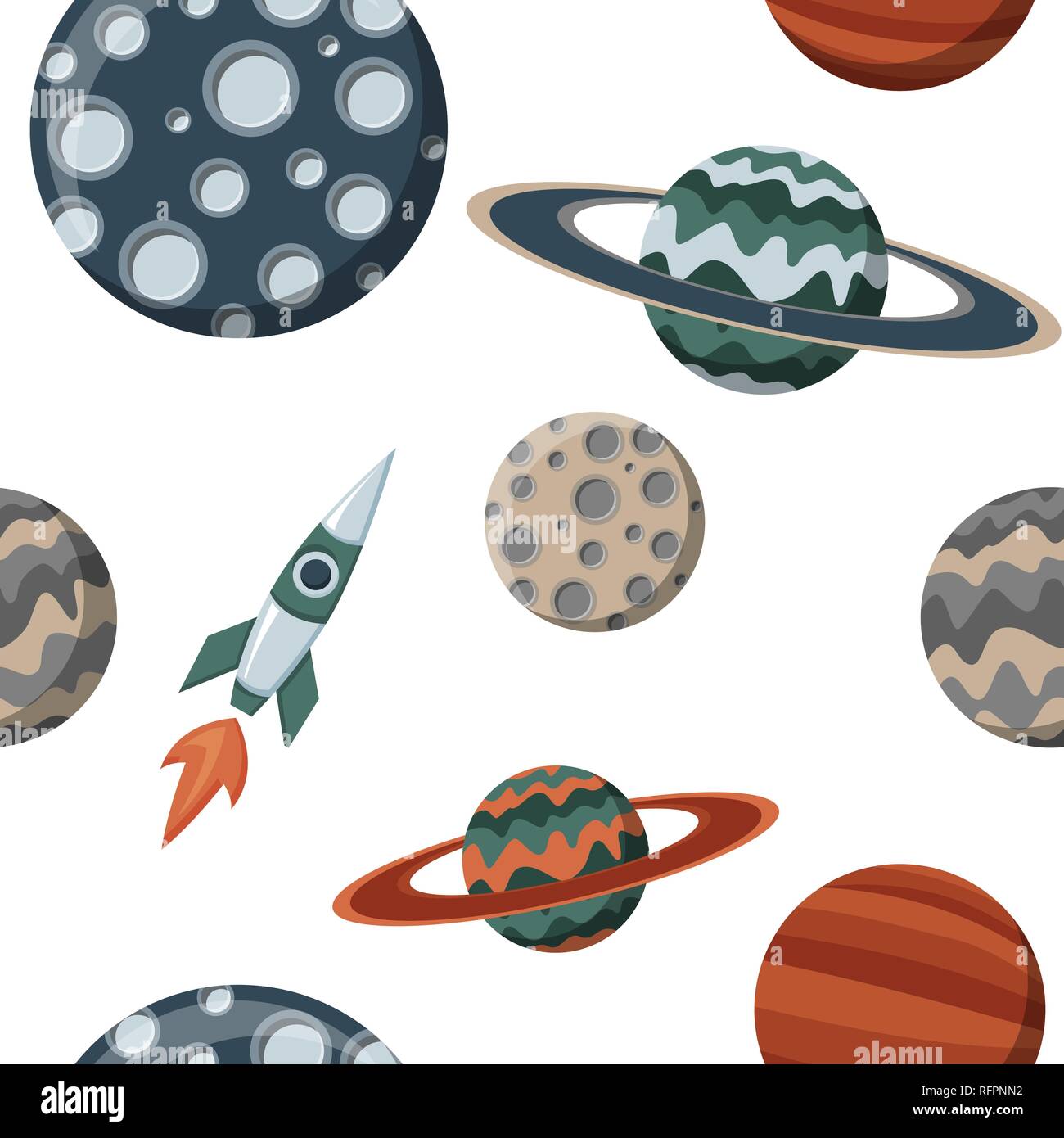 Kid space with planets and spaceships. Flat cartoon cosmos science pattern Stock Vector