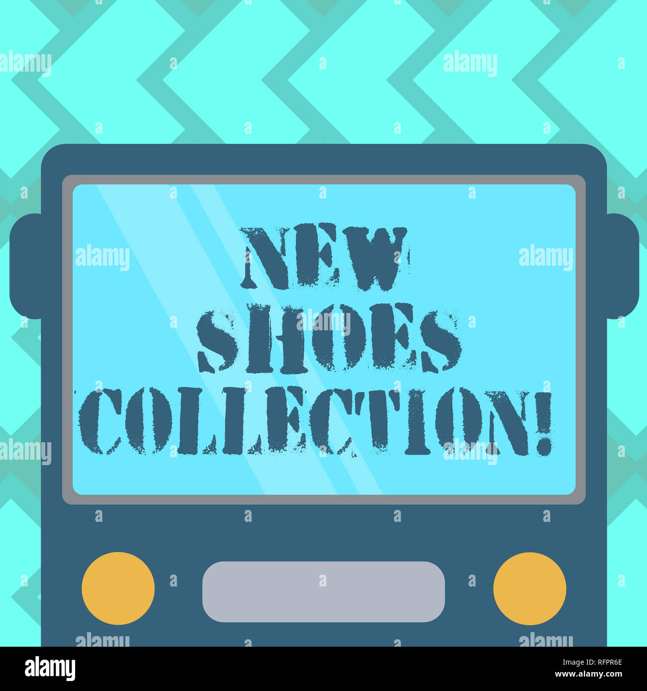 Text sign showing New Shoes Collection. Conceptual photo The process or passion of collecting new footwear Drawn Flat Front View of Bus with Blank Col Stock Photo