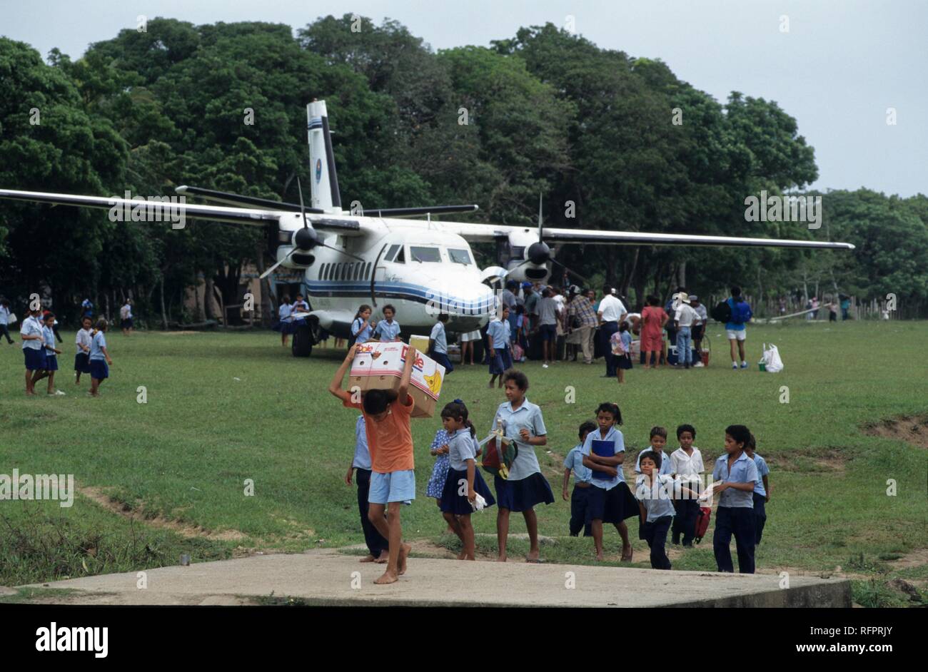 Transport plane on the runway of Palacios, Moskitia, eastern Caribbean coast, Honduras Stock Photo