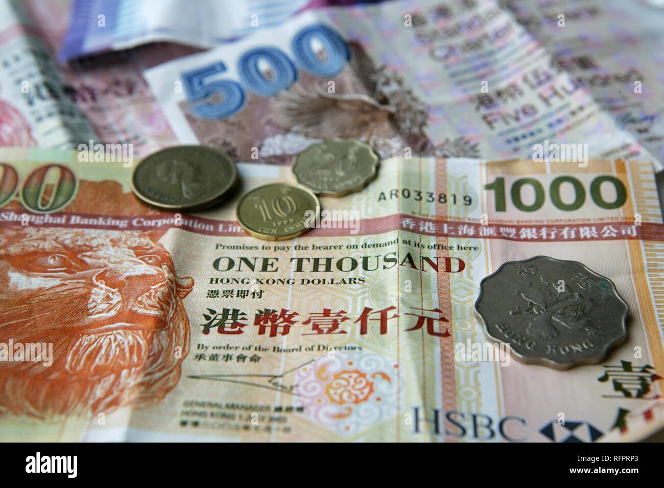 Hong Kong Dollar, banknotes and coins Stock Photo