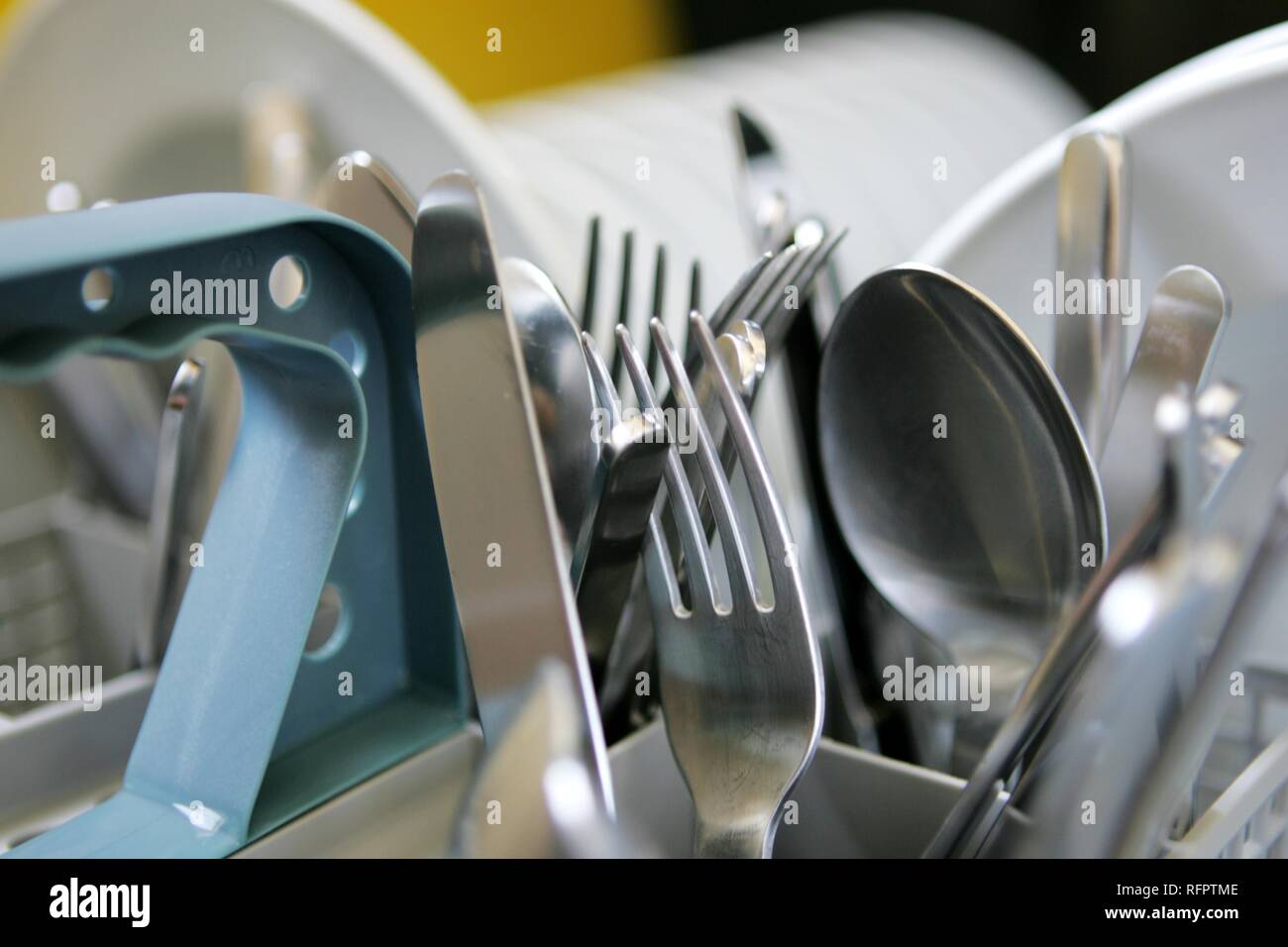 DEU, Germany: Clean dishes in a dishwasher. Stock Photo