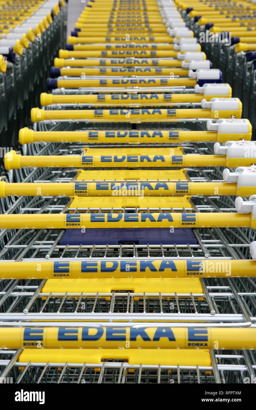 DEU, Germany, Dortmund: Shopping trolleys at a supermarket of the german Edeka market Group. Stock Photo