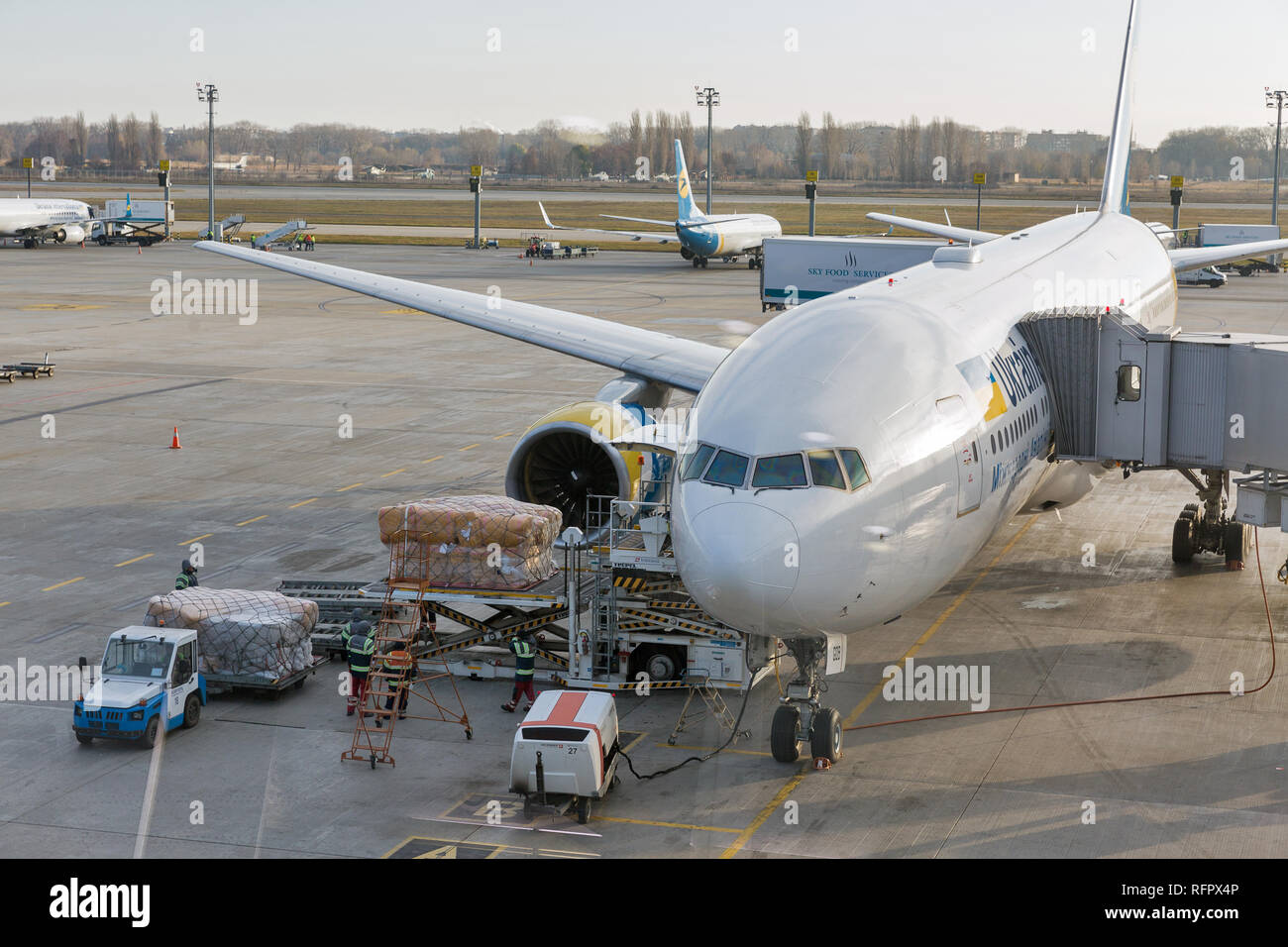 BORYSPIL, UKRAINE - NOVEMBER 13, 2018: Ukraine International Airlines Boeing 777-200 in Boryspil International Airport. It is countrys largest airport Stock Photo