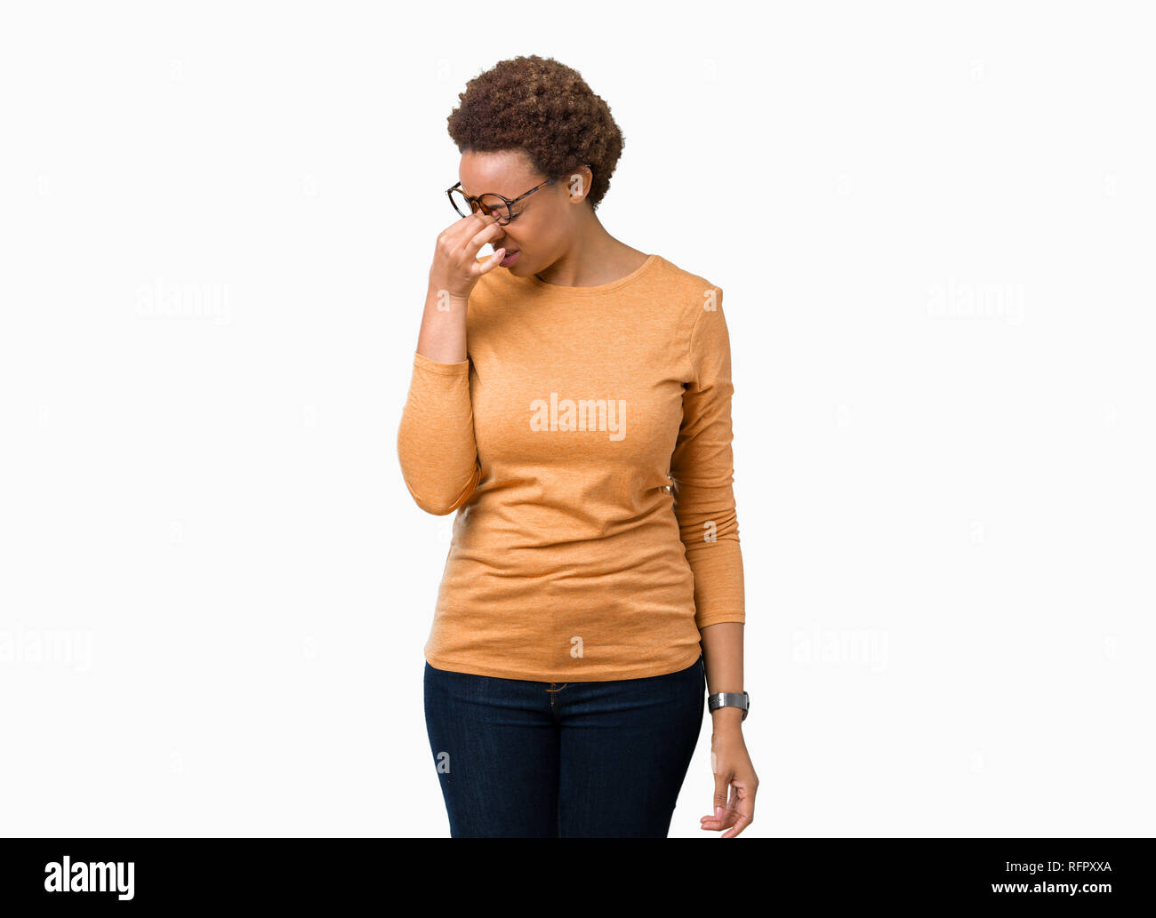 Young beautiful african american woman wearing glasses over isolated ...