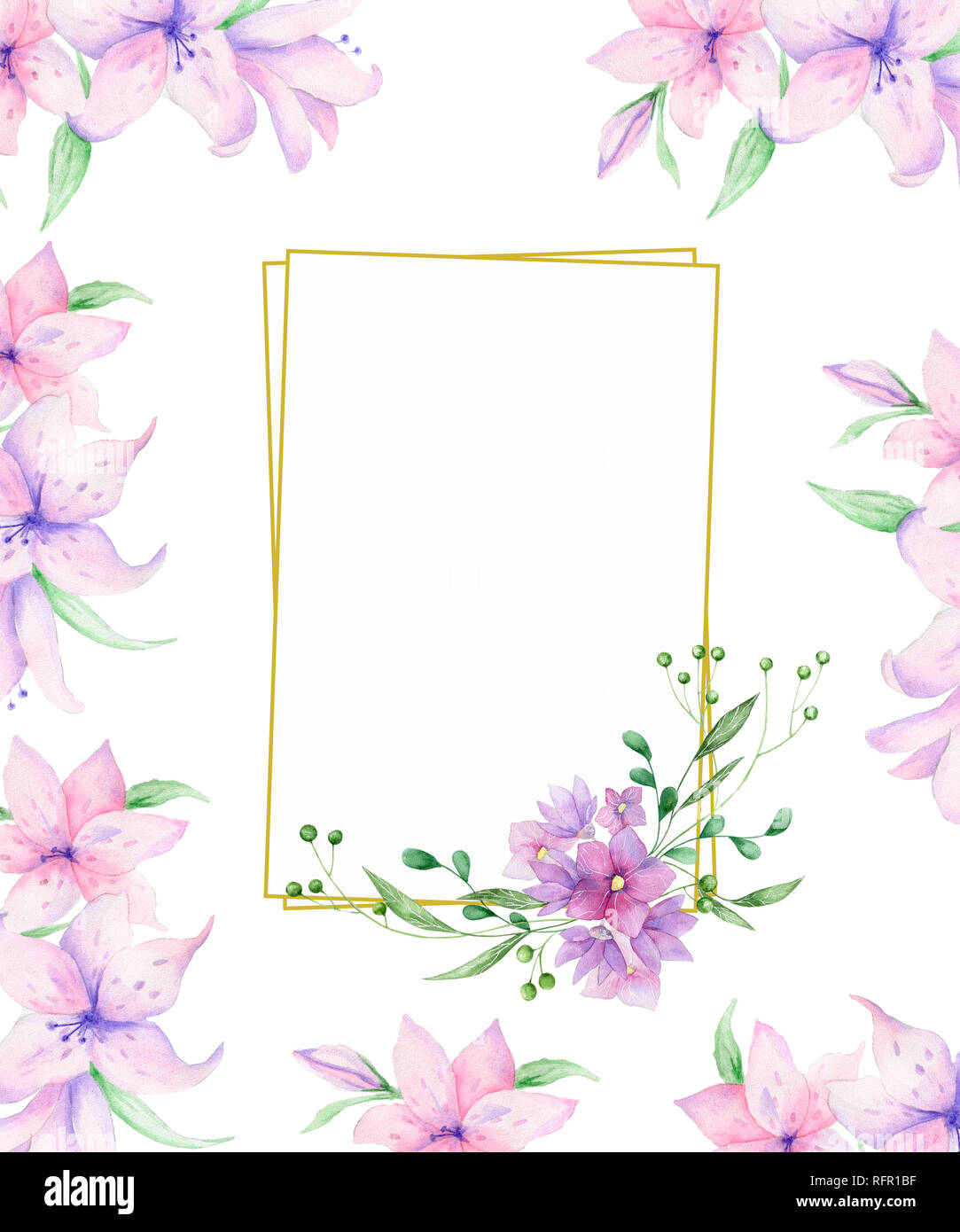 Vertical Floral frame with pink roses and decorative leaves. Watercolor