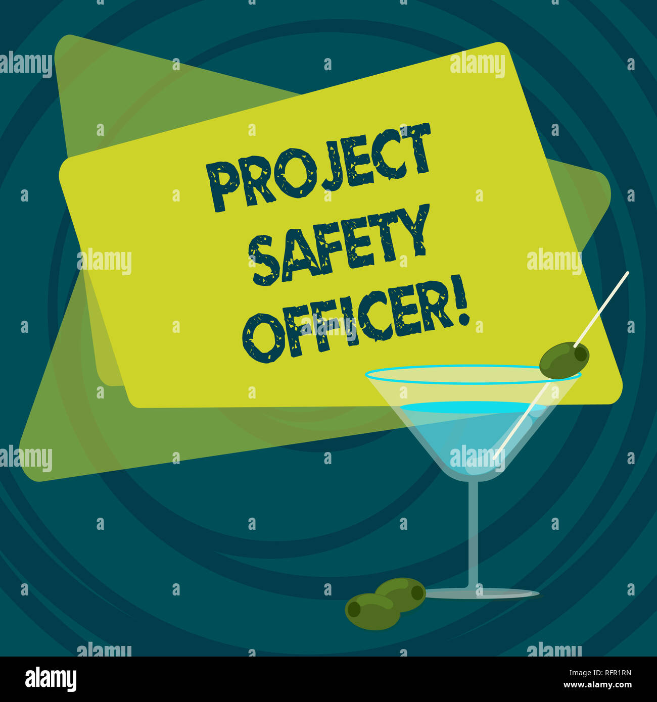 Text sign showing Project Safety Officer. Conceptual photo Responsible for monitoring and assessing unsafe zones Filled Cocktail Wine Glass with Olive Stock Photo
