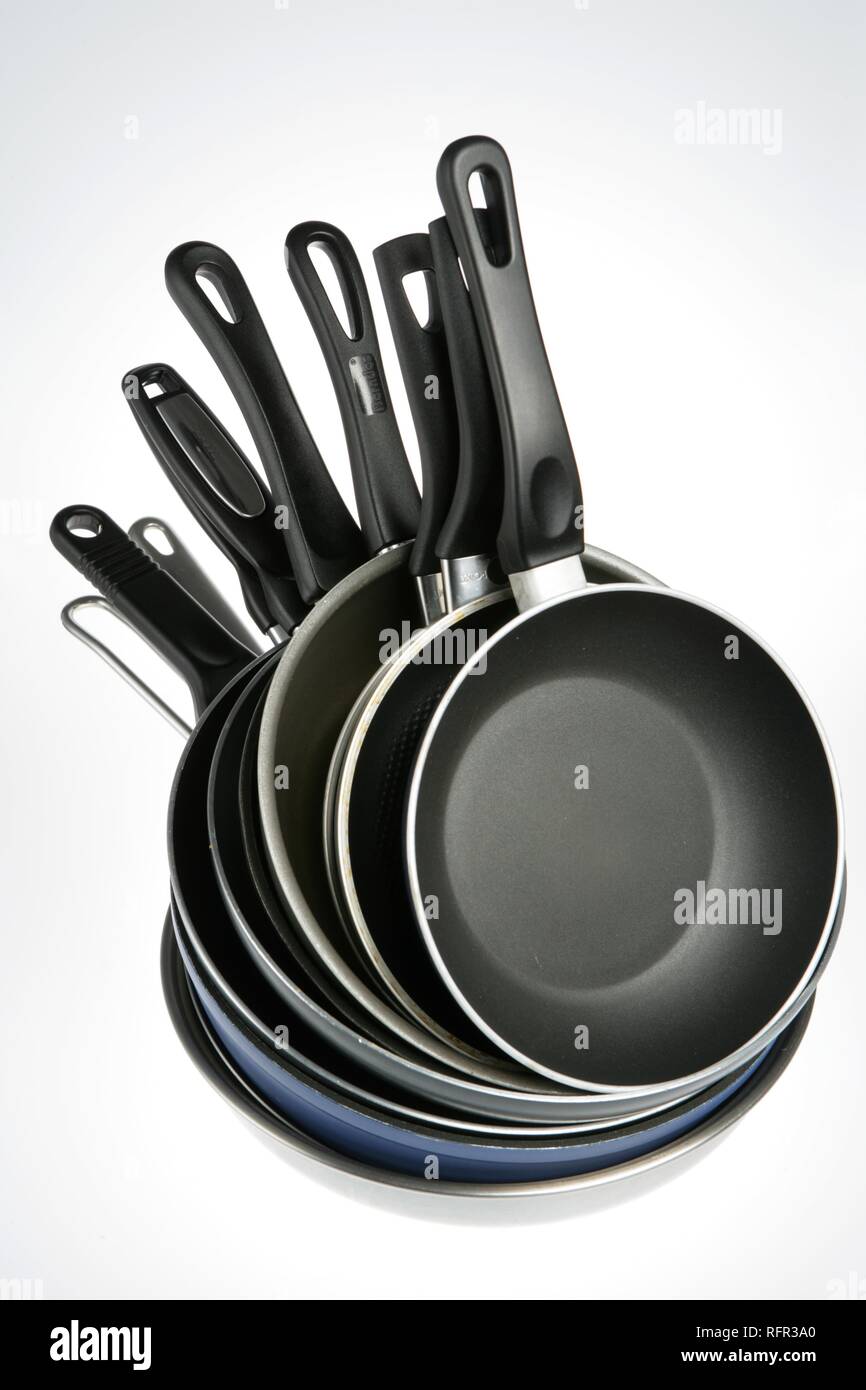 Various pans in different sizes and forms for cooking and frying