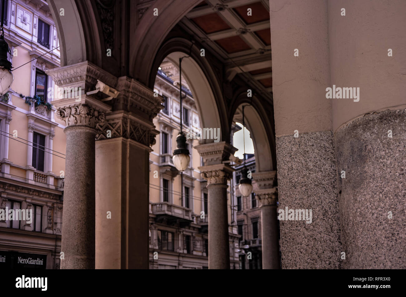 Urban scene at dawn in Turin, Italy. Cloudy summer day city street view. Stock Photo
