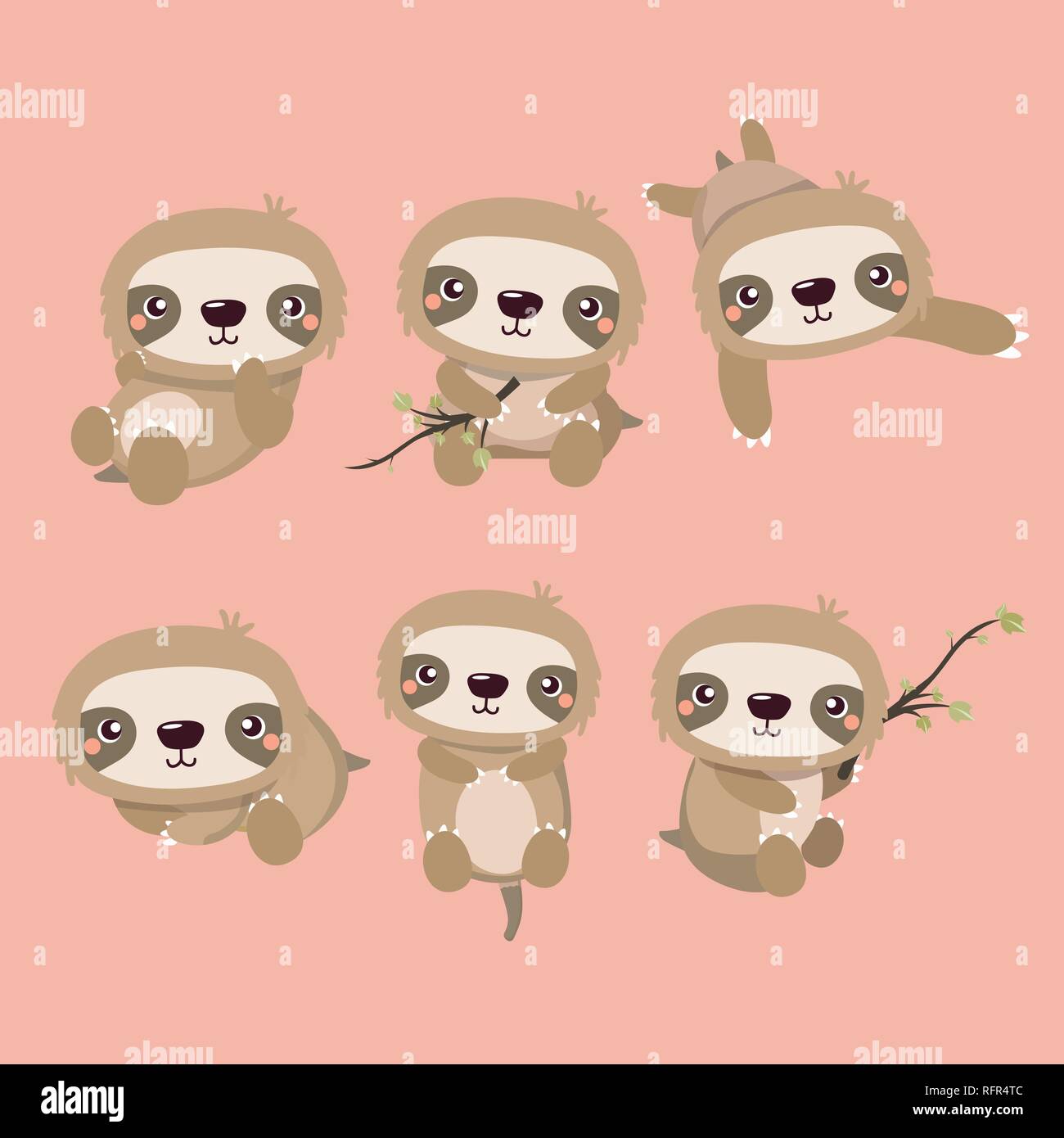 Cute cartoon smiling lazy sloth set. Stock Vector