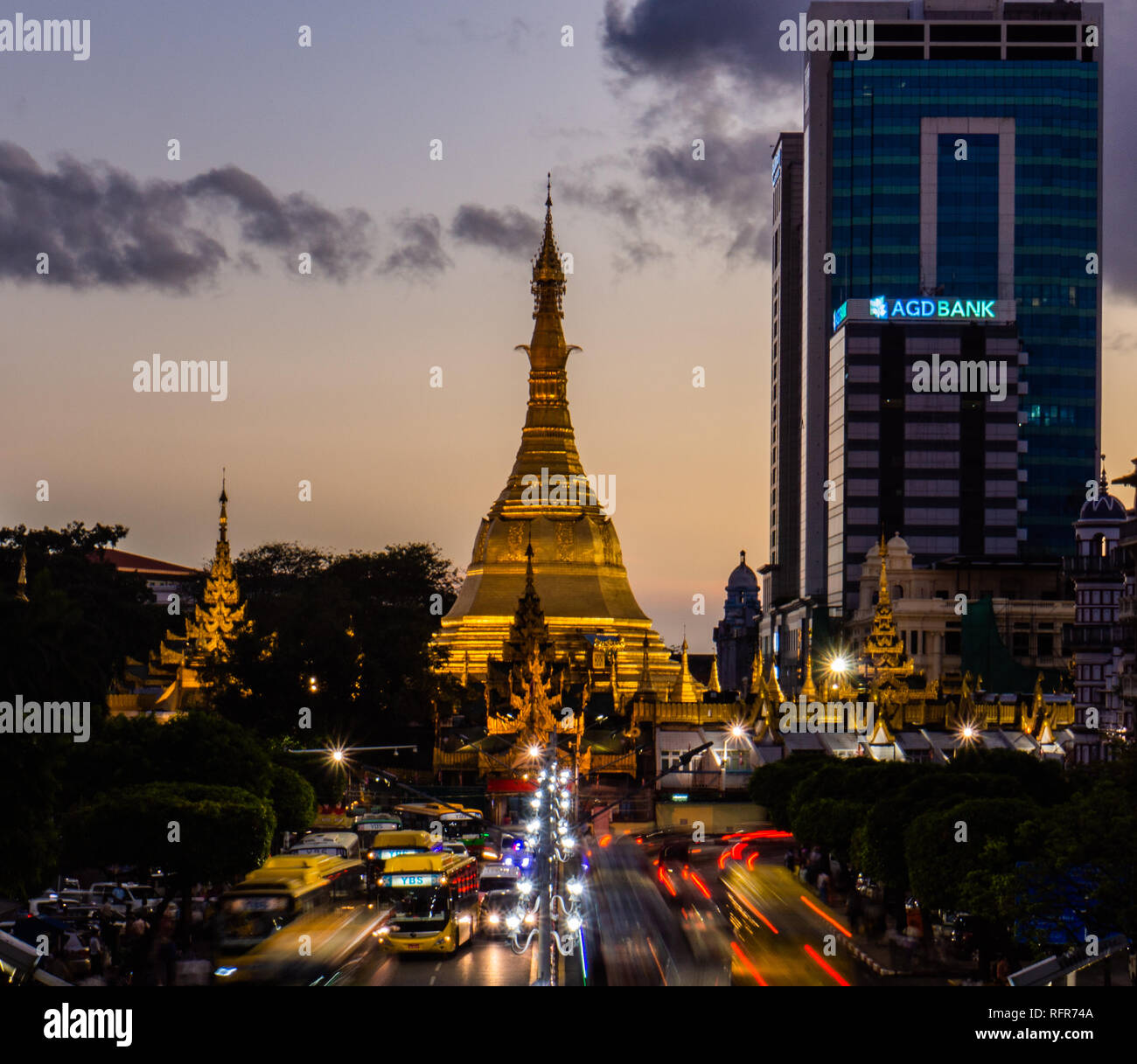 view of traffic circling around the  Sule Pagoda in Yangon, Myanmar Stock Photo