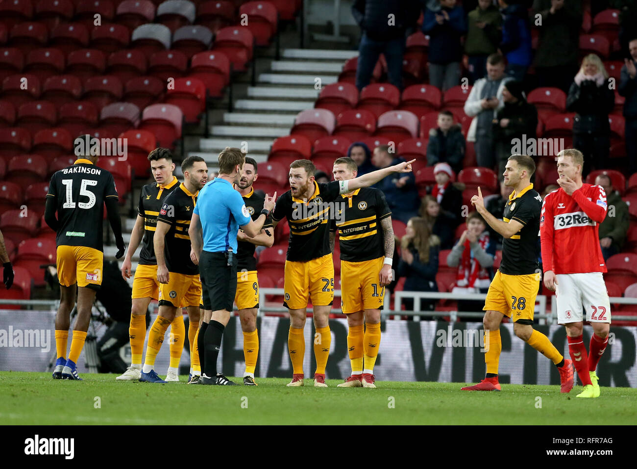 Newport County players react after Middlesbrough are awarded a free kick during the FA Cup fourth round match at Riverside Stadium, Middlesbrough. Stock Photo