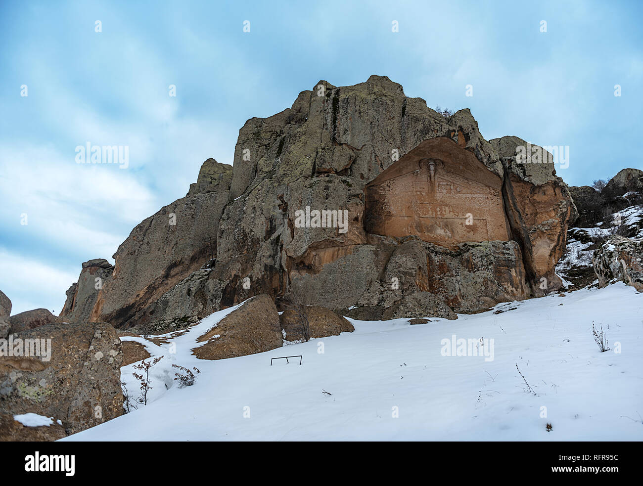 Because of YazÄ±lÄ±kaya Monument, YazÄ±lÄ±kaya village is also called Midas City or Midas City. YazÄ±lÄ±kaya Monument is located in the borders of anc Stock Photo