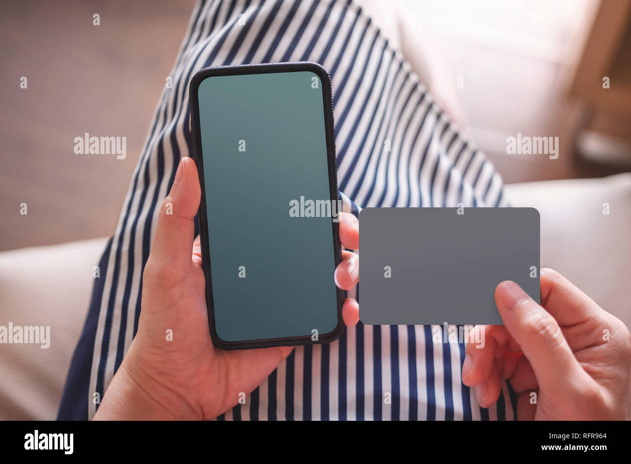 Download Smartphone And Card Mockup Images Young Woman Holding A Mobile Phone With Blank Screen And Paper Card Clipping Path Included Rear View Stock Photo Alamy PSD Mockup Templates