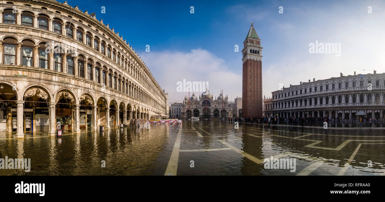 Panoramic view on San Marco Square, Piazza San Marco, flooded during the Acqua alta Stock Photo