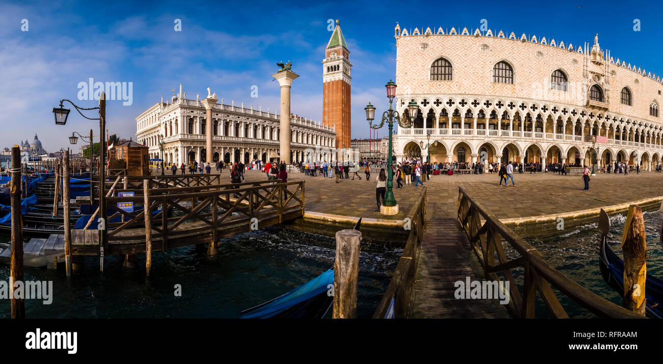 Panoramic view on San Marco Square, Piazza San Marco, Doge's Palace, Palazzo Ducale, St Mark's Campanile, Campanile di San Marco Stock Photo