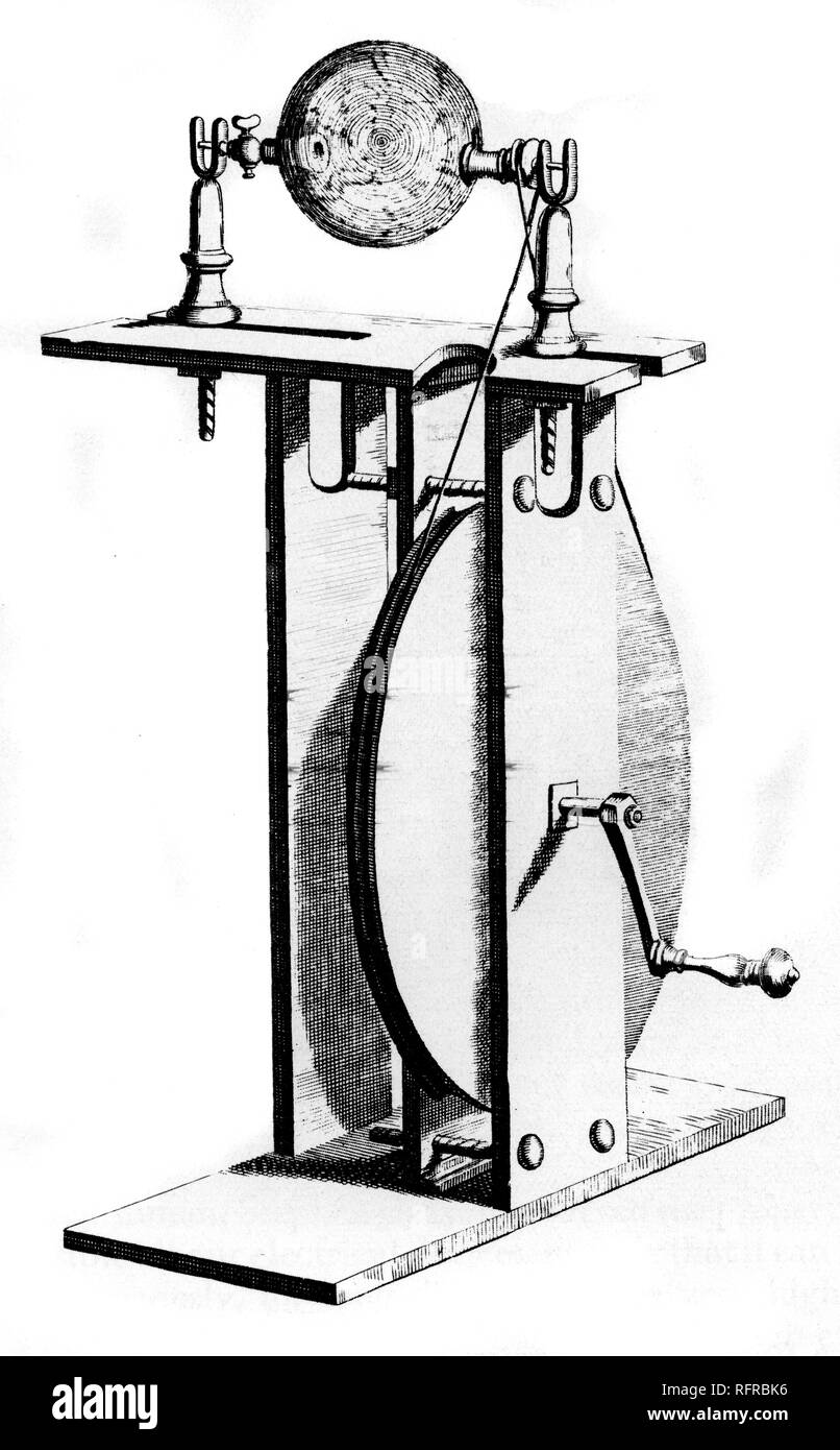 Francis Hauksbee's electric machine. Generator built by Francis Hauksbee (1660-1713). Francis Hawksbee, was an 18th century English scientist best known for his work on electricity and electrostatic repulsion. Stock Photo