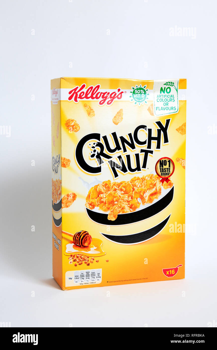 A packet of Kellog's Crunchy Nut flakes breakfast cereal. Stock Photo