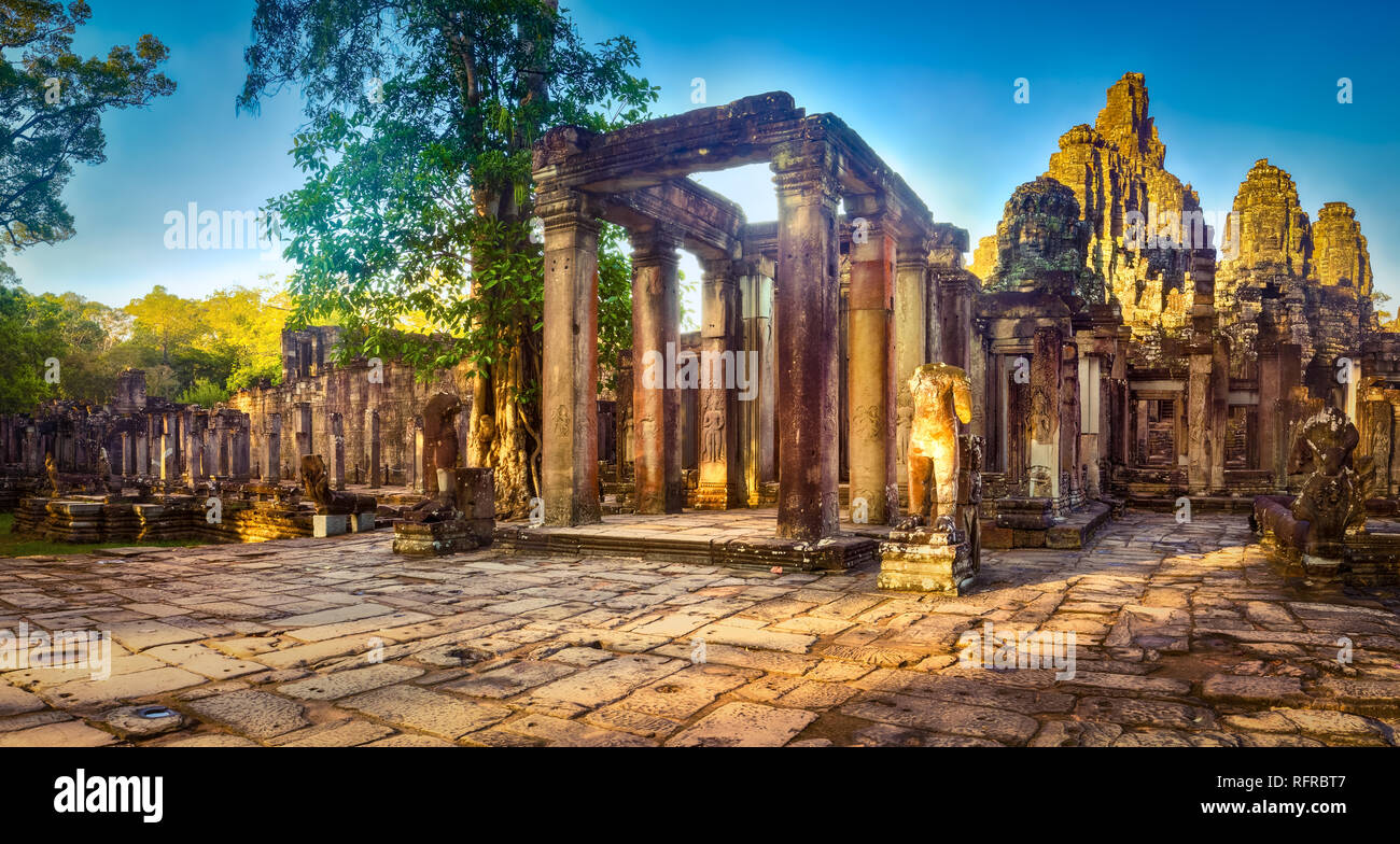 Bayon temple in Angkor Thom at morning time. Siem Reap. Cambodia. Panorama Stock Photo