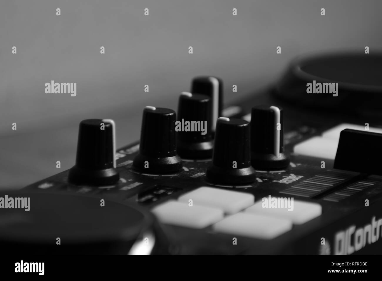 DJ machine close up view , black & white Stock Photo