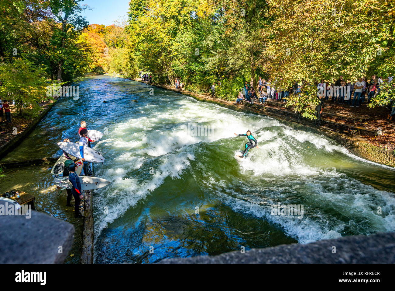 Surfer At Eisbachwelle In Munich Germany Stock Photo 233470855