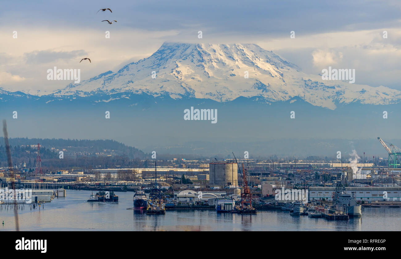 A view of the Port of Tacoma and Mount Rainier Stock Photo - Alamy