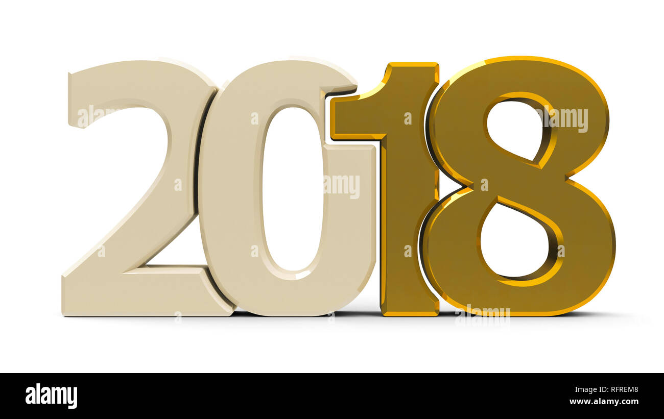 Gold 2018 symbol, icon or button isolated on white background, represents the new year 2018, three-dimensional rendering, 3D illustration Stock Photo