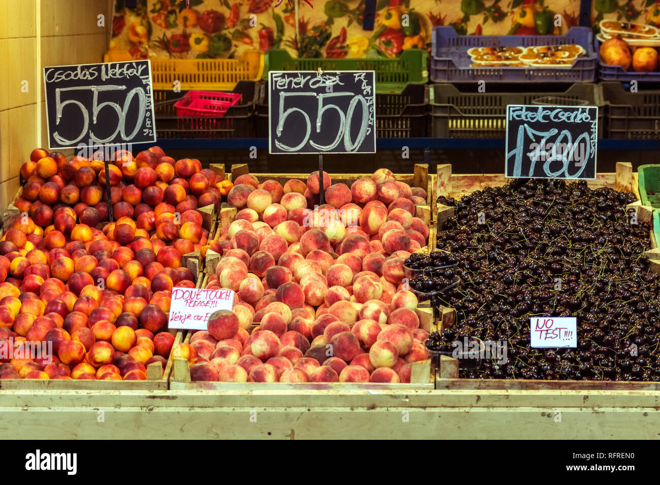 Counter with fruit and price tag in the Central market in Budapest