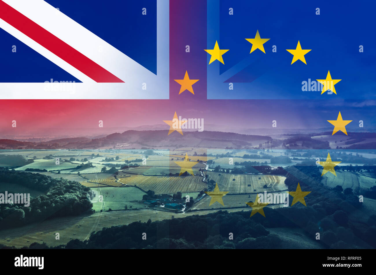 Brexit concept, The English countryside with fields and farms with the Union Jack and E.U flags over layered on top. Stock Photo