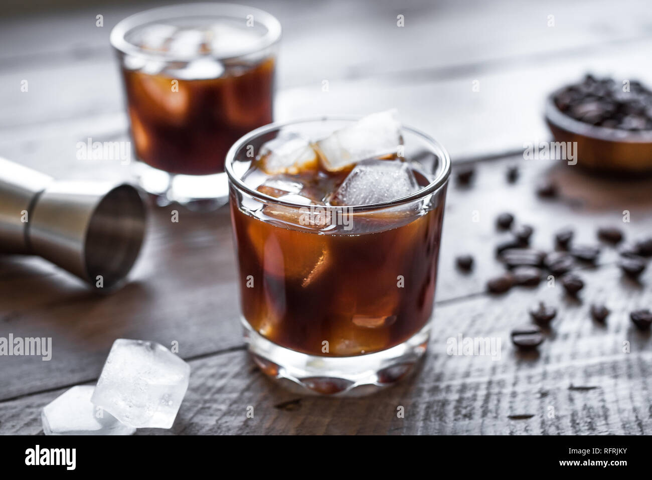 Black Russian Cocktail with Vodka and Coffee Liquor. Homemade Alcohol Boozy Black Russian drink
