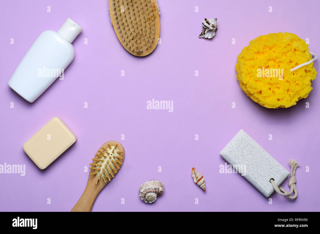 Bath Items Concept, Sponge, Shampoo or Shower Gel, Hair Brush, Pumice ...