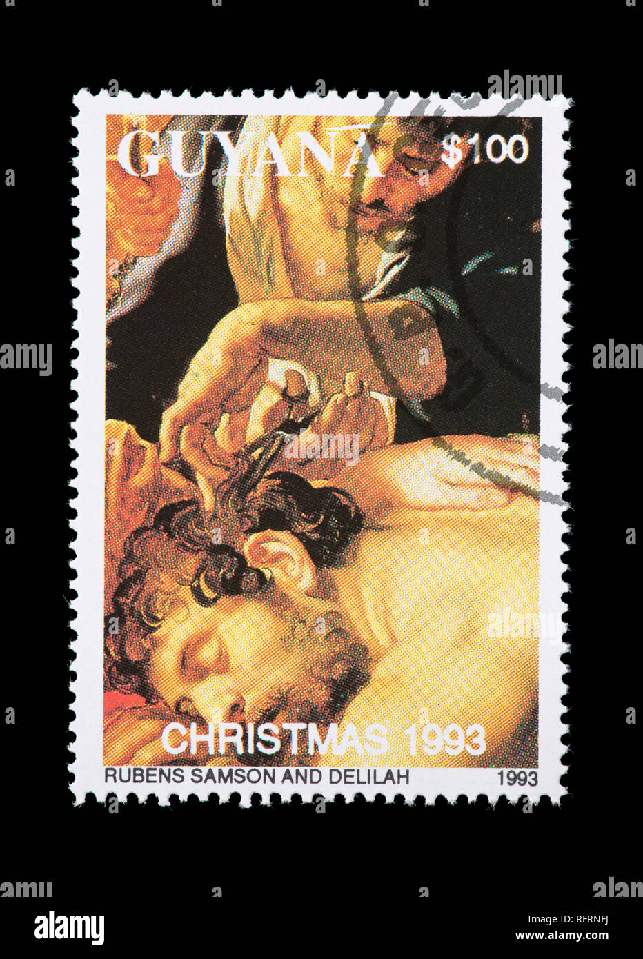 Postage stamp from Guyana depicting the Rubens painting Samson and Delilah Stock Photo