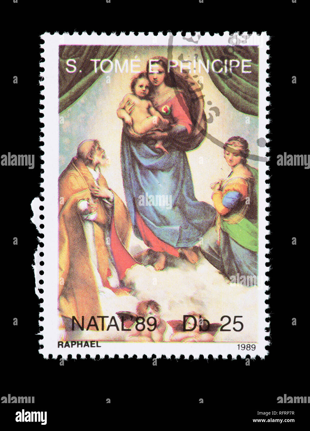 Postage stamp from the Saint Thomas and Prince Islands depicting detail from the Raphael painting Sistine Madonna Stock Photo