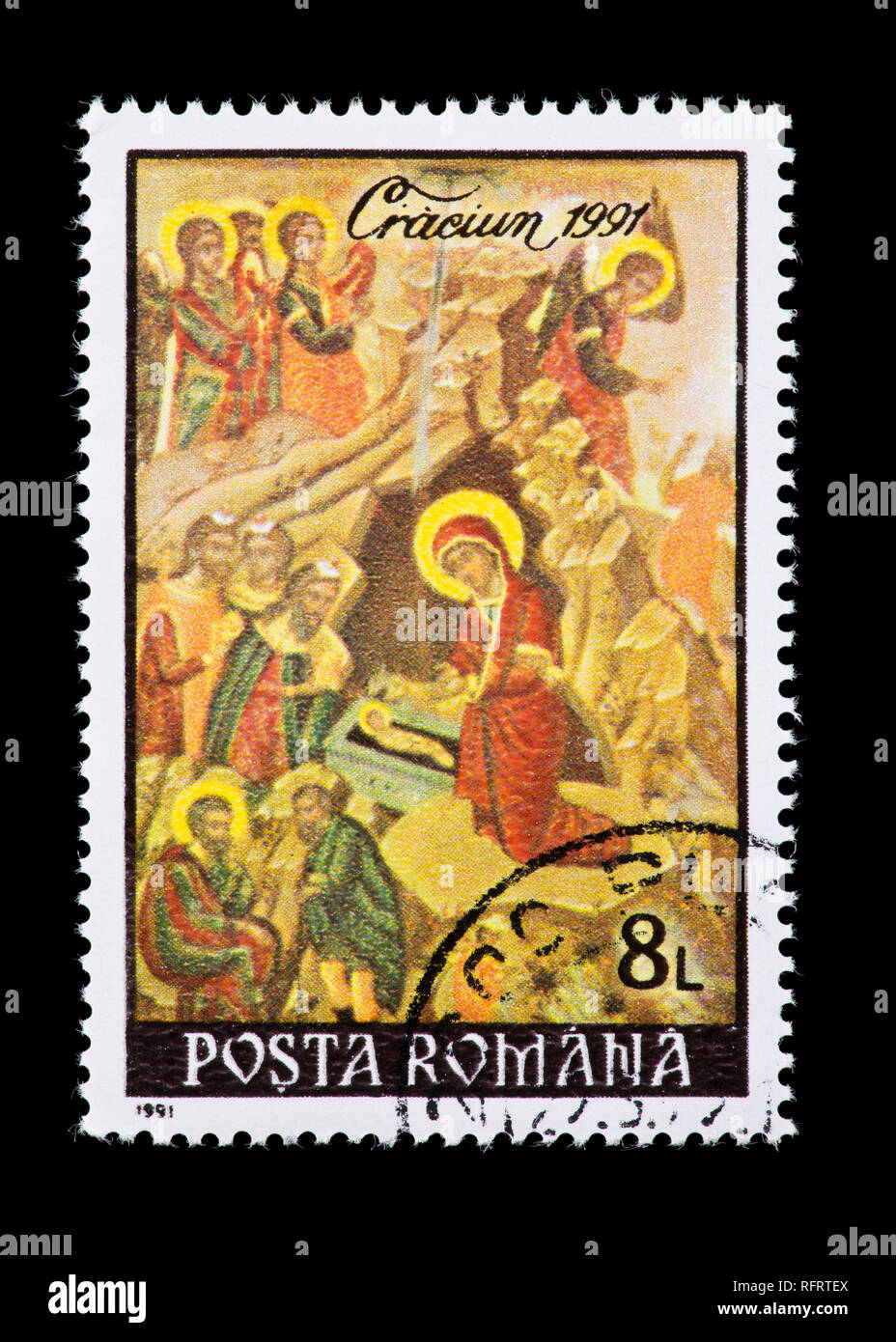Postage stamp from Romania depicting the Christmas manger scene. Stock Photo