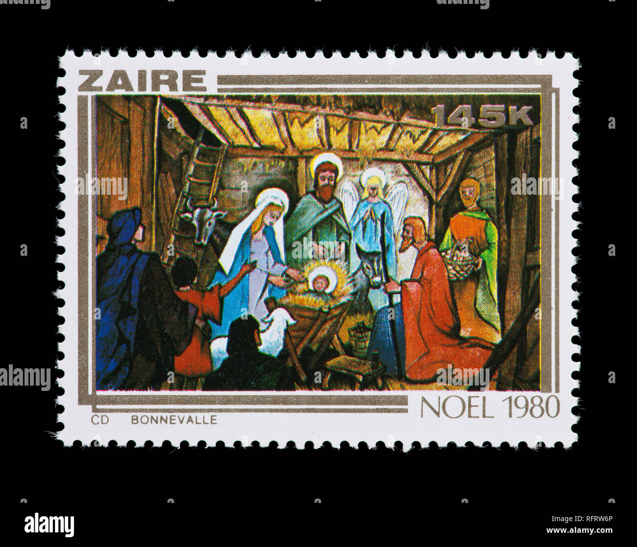 Postage stamp from Zaire depicting a painting of Shepherds and Angels, issued for Christmas. Stock Photo