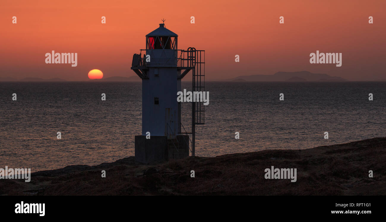 Rubha Cadail Lighthouse, Rhue, Ullapool at sunset Stock Photo