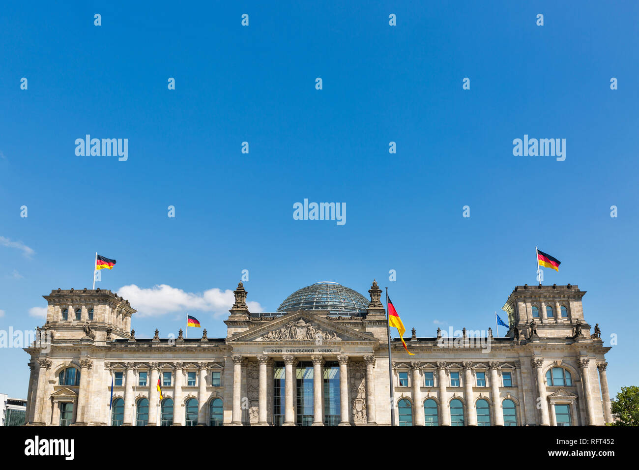 Reichstag or Bundestag building against clear blue sky with copy space, seat of the German Parliament. Stock Photo