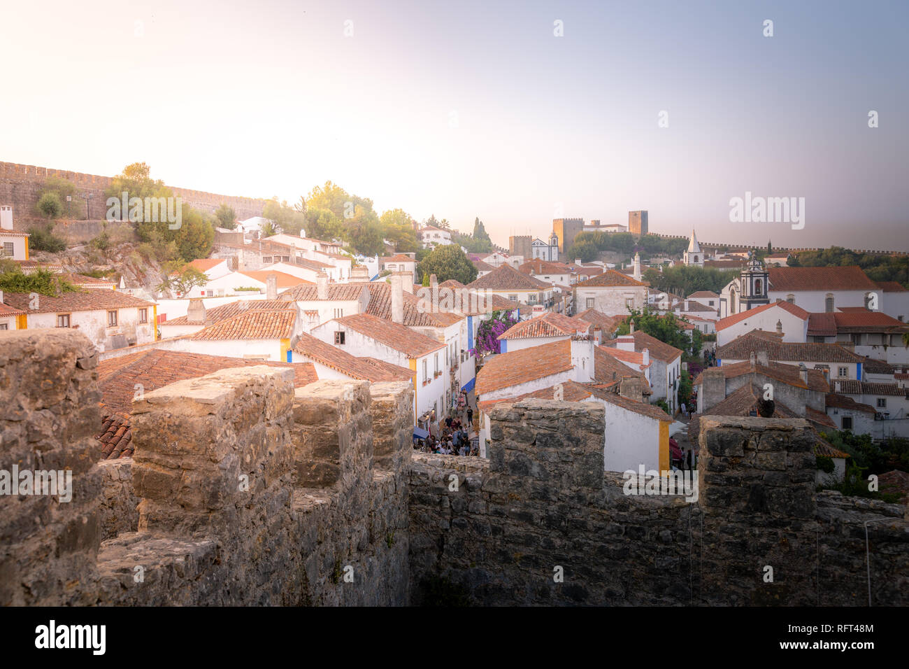 Obidos medieval town at sunset, Portugal Stock Photo